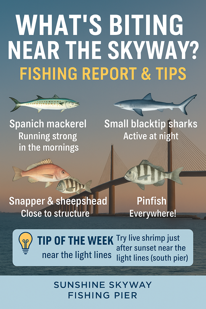 What’s Biting Near the Skyway? Fishing Report & Tips!The Sunshine Skyway Fishing Pier is one of Florida’s most popular year-round saltwater fishing spots — and for good reason! Whether you’re casting lines from the old bridge or fishing under the lights at night, there’s always something tugging on the hook.Current catch report (this week):🐟 Spanish mackerel — running strong in the mornings🦈 Small blacktip sharks — active at night near deeper edges🦐 Snapper & sheepshead — hanging close to structure🎣 Pinfish everywhere — great bait for bigger targets!💡 Tip of the Week: Try using live shrimp just after sunset near the light lines — especially on the south pier.Been fishing this week?📸 Share your photos, brag-worthy catches, and best bait ideas below. Let’s keep the Skyway fishing community strong!— The SunshineSkywayBridge.website Team